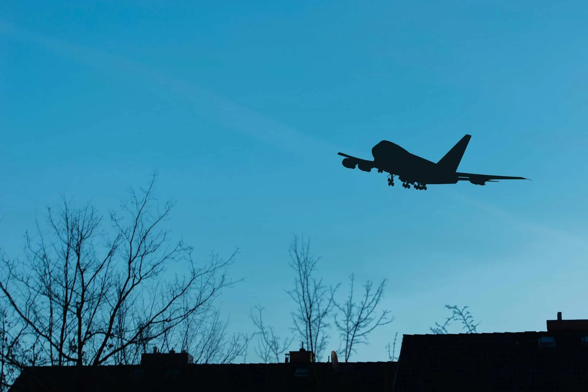 Plane flying over trees at dusk