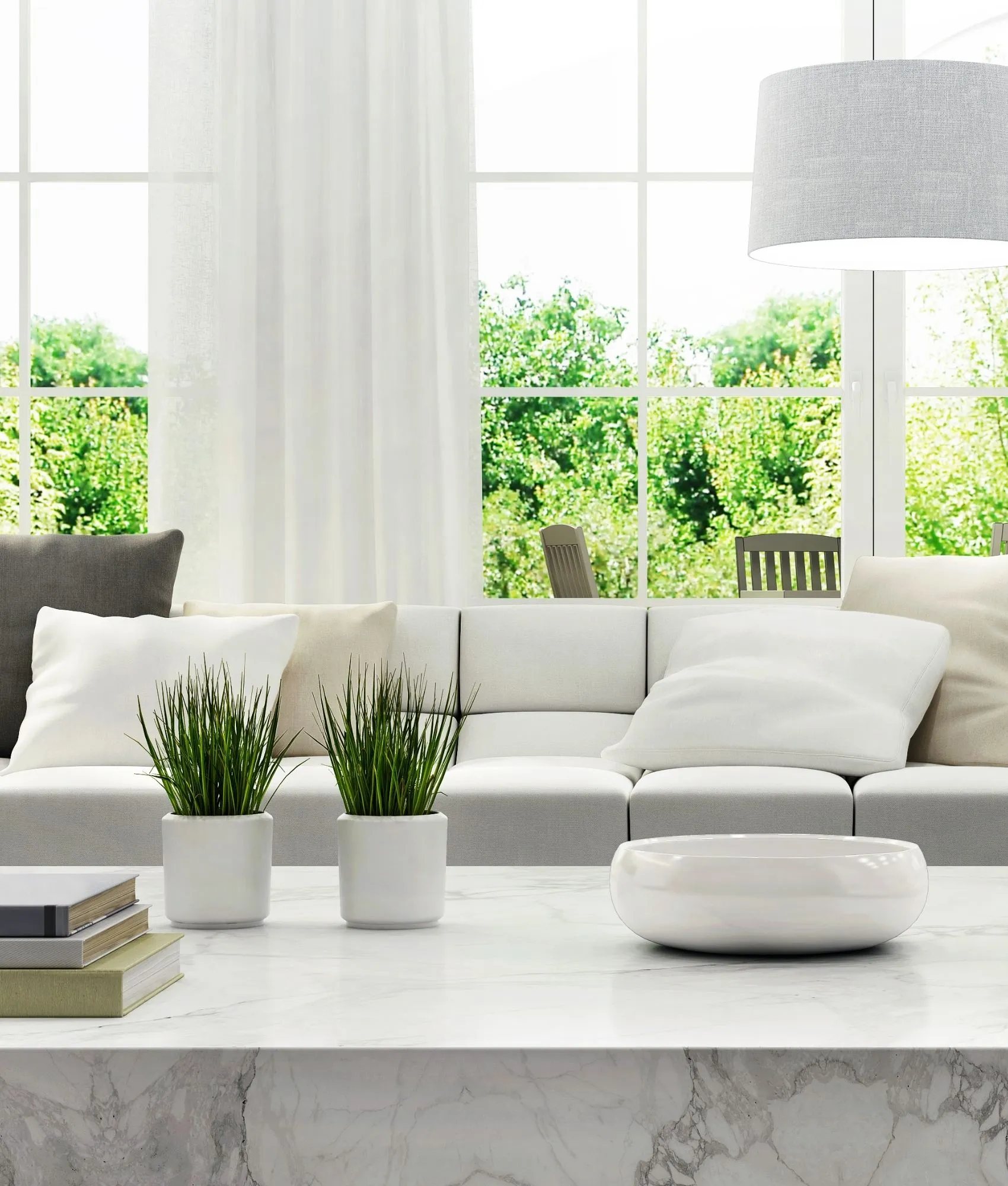 Living room with white sheer curtains