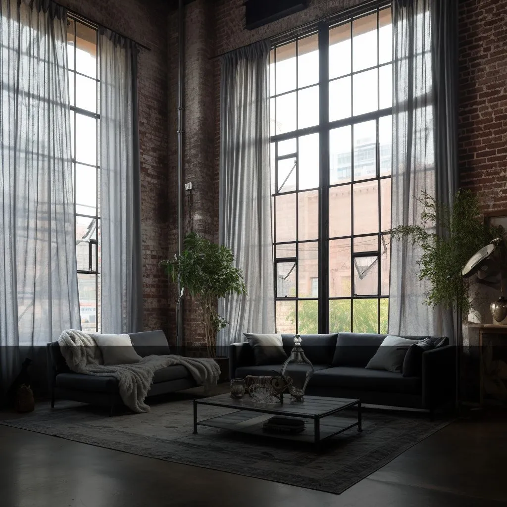 a room with a brick wall and large windows with industrial style curtains