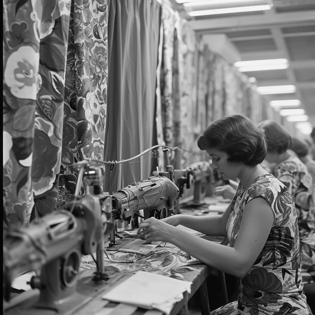 Black and white photo of an early curtain workroom