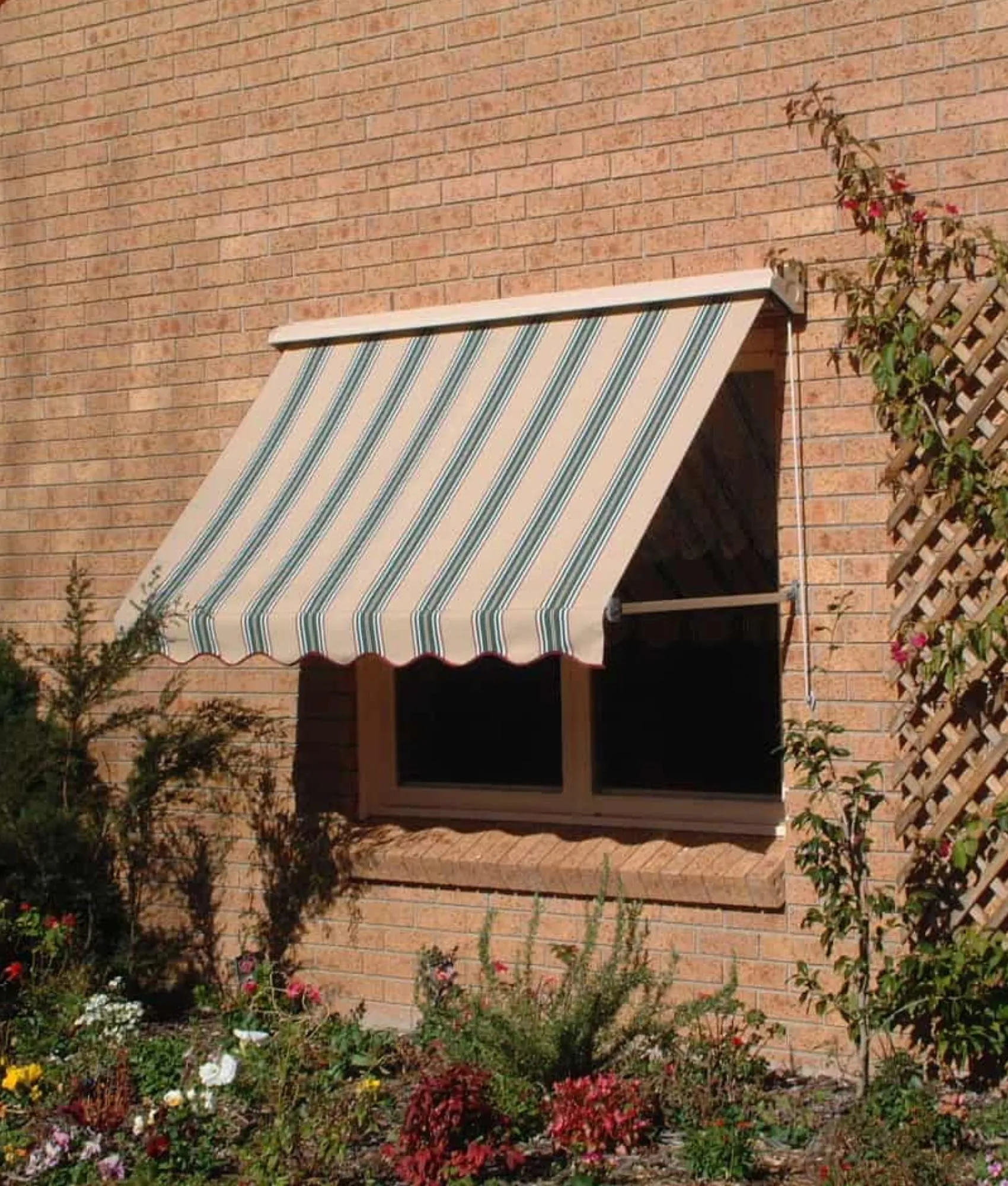 Pivot arm awning angled out from a window