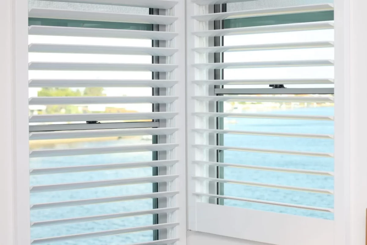 Close view of two shutter panels with the louvres tilted open