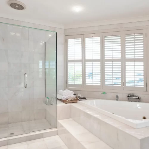 Plantation shutters in a bathroom