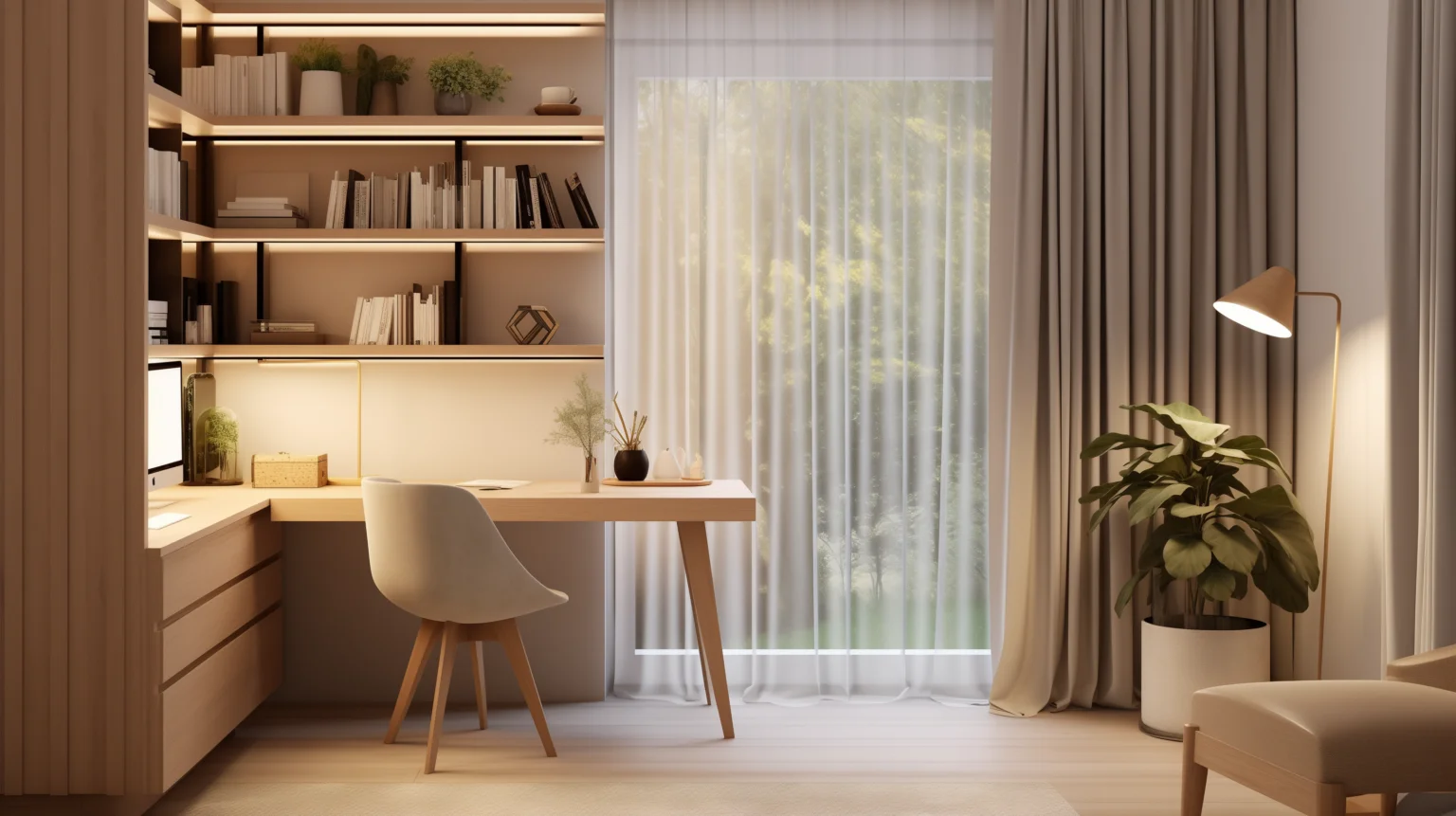 Scandinavian-inspired Australian study with sheer curtains