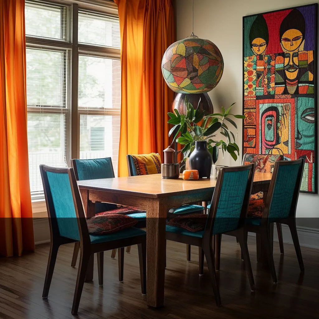 a dining table with chairs in a room with orange boho style curtains