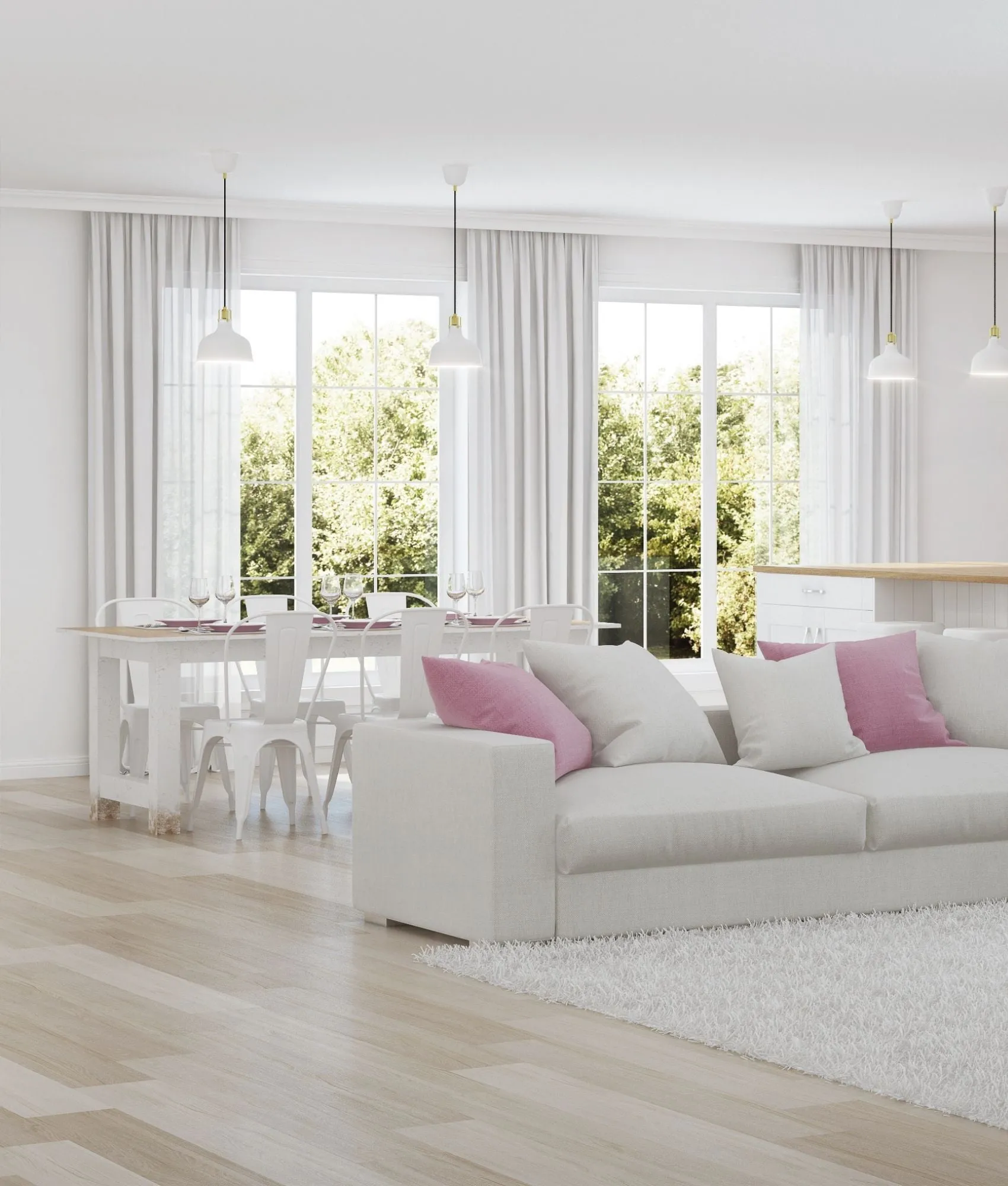 Open-plan living and dining room with sheer curtains