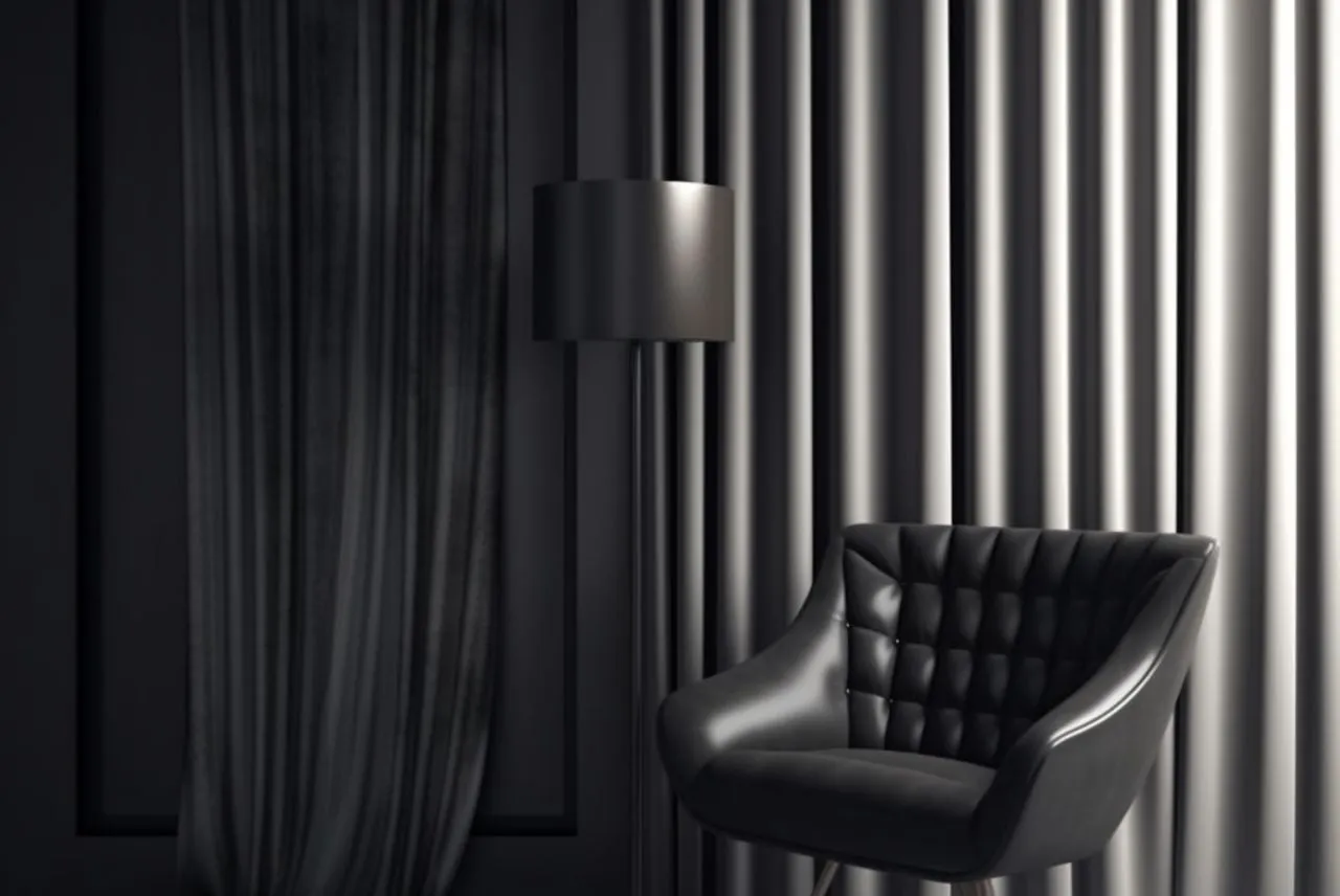 Dark S-fold curtains behind a leather armchair