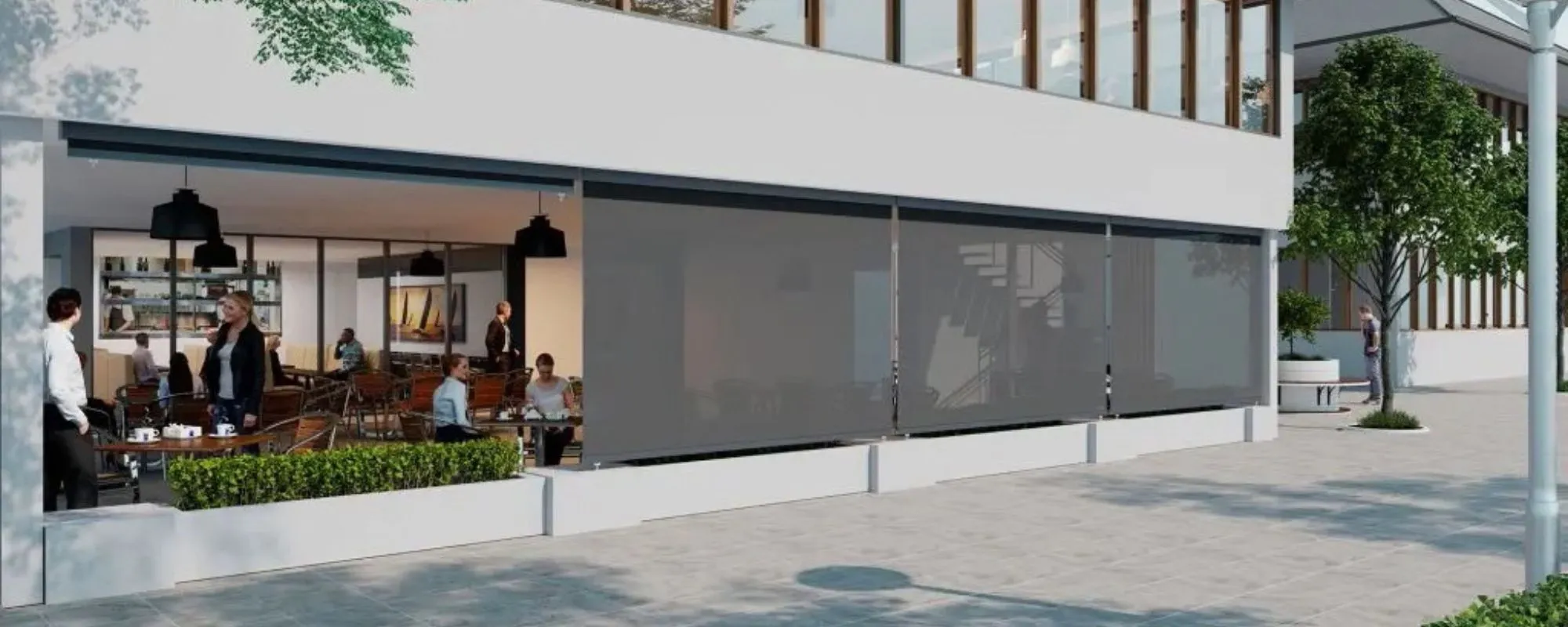 Straight drop awnings along a cafe frontage