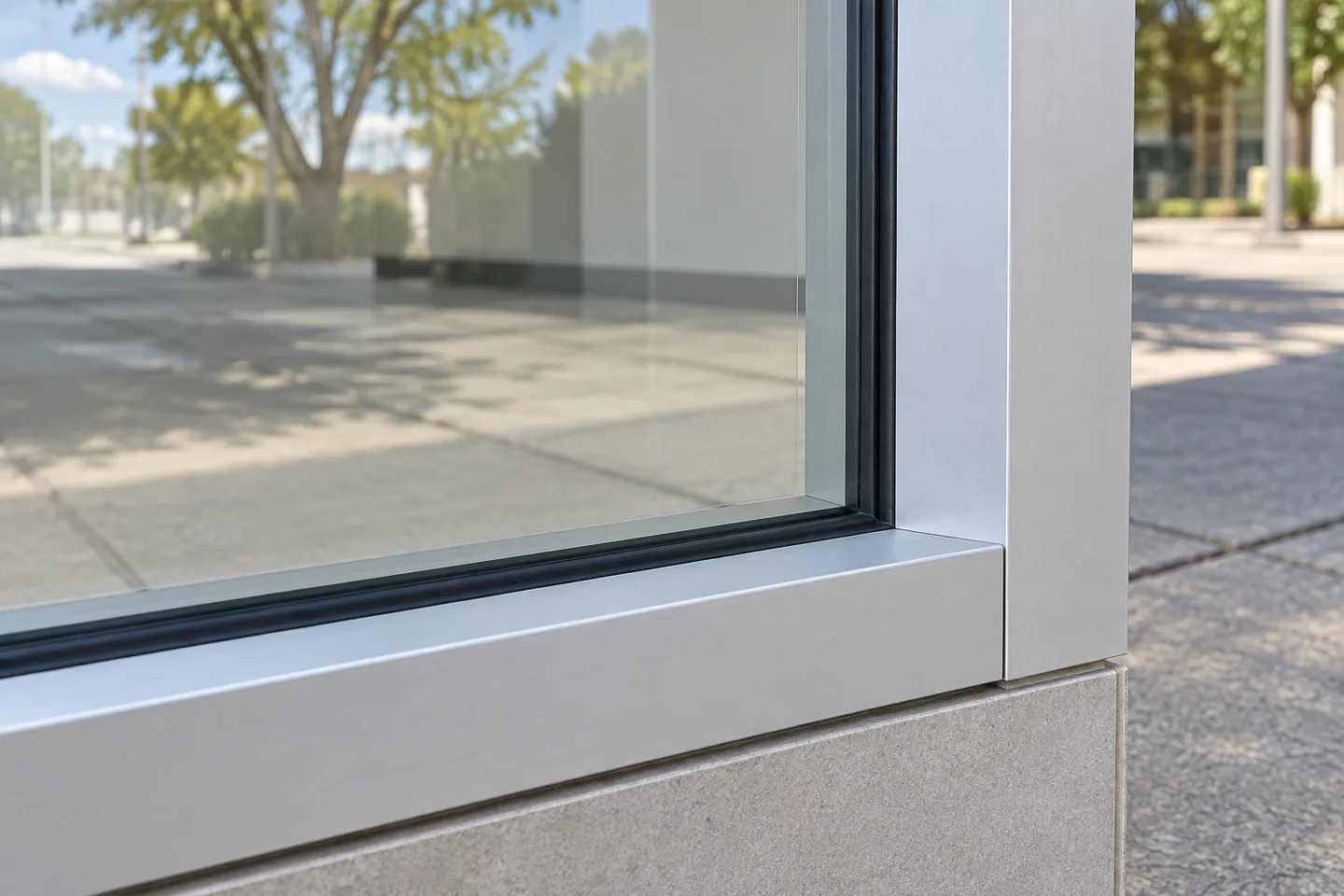 Illustration: lower corner of a shopfront pane where the clear film edge sits just inside the frame gasket