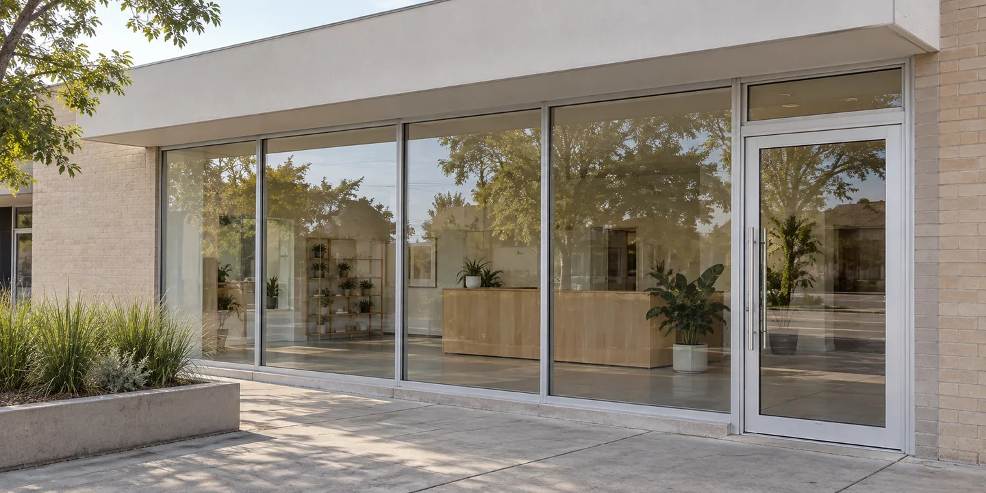 Illustration: glass shopfront of a small suburban shop, the display panes and door covered by clear anti-graffiti film that cannot be seen from the street