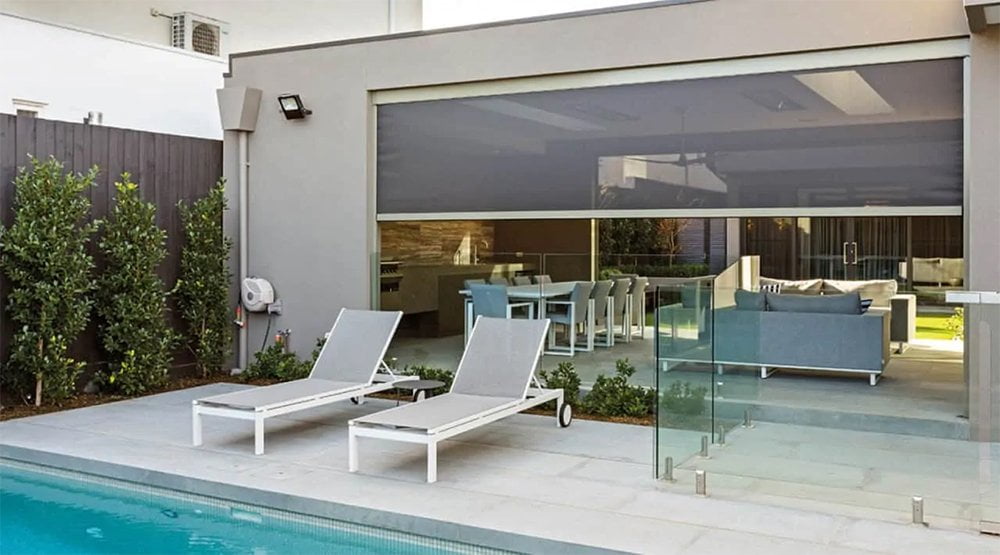 Stanbond SA - Outdoor Blinds Adelaide - Image of poolside outdoor patio with Zipscreen blinds